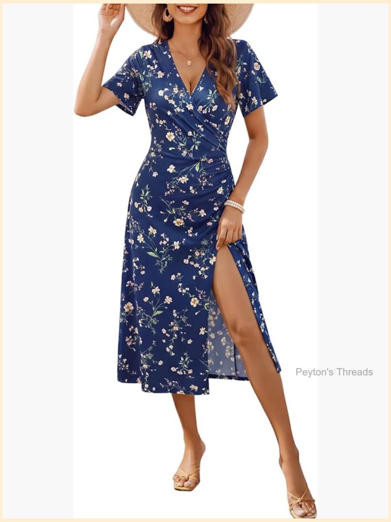 Womens Summer Floral Sundress Short Sleeve Wrap V Neck Ruched Waist A-Line Midi